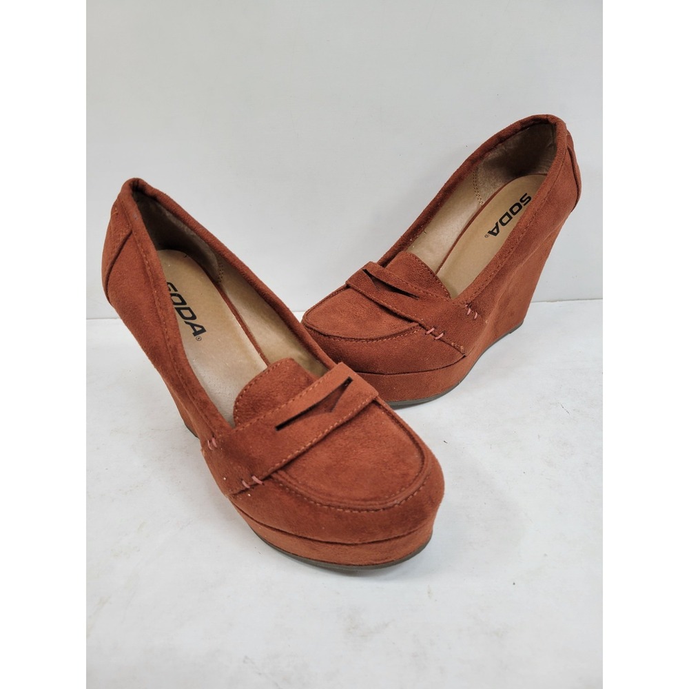 Soda Rust Orange Faux Suede Wedge Loafers Women's Size 7 Penny Loafer...